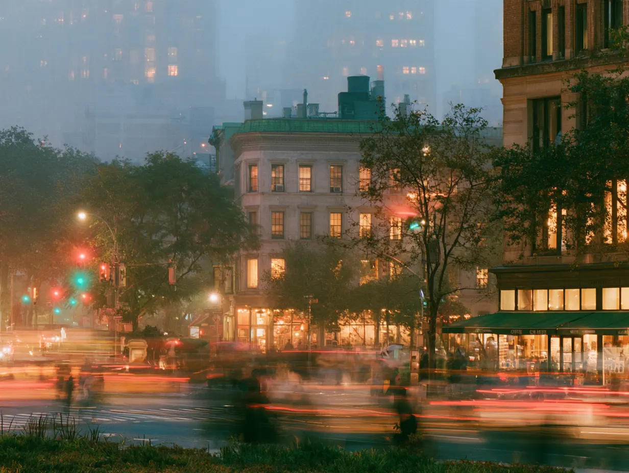 A painting of a Manhattan crossing at dusk, lit windows and green awnings above a street blurred with people and traffic