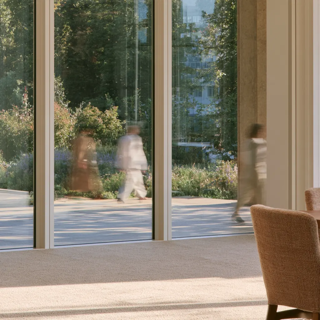 Glass doors onto a garden courtyard, figures in light clothes blurred as they walk past and a chair by the window