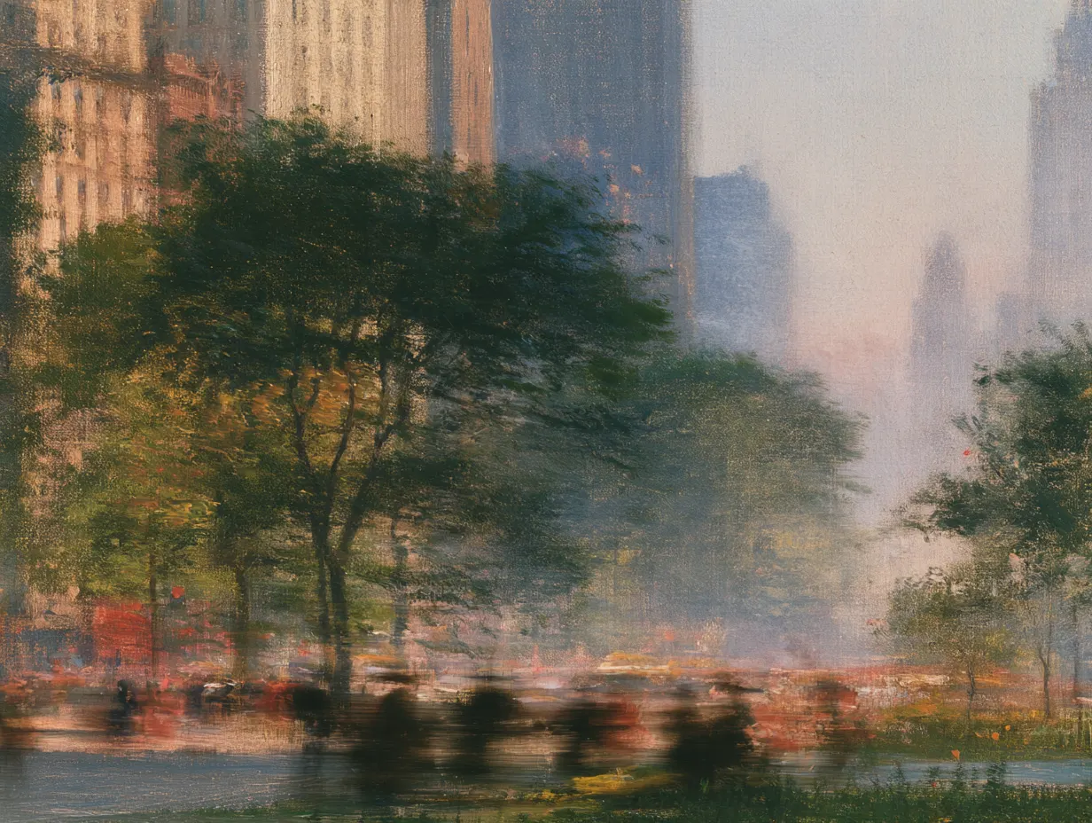 A painting of Manhattan towers in haze behind the trees of a park, the street below blurred with people and traffic