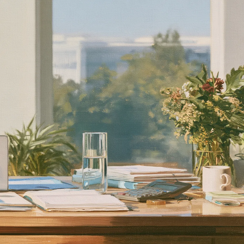 A painting of an accountant's desk by a tall window in soft daylight: stacked working papers, a calculator, a glass of water and a mug, with flowers and trees beyond the glass