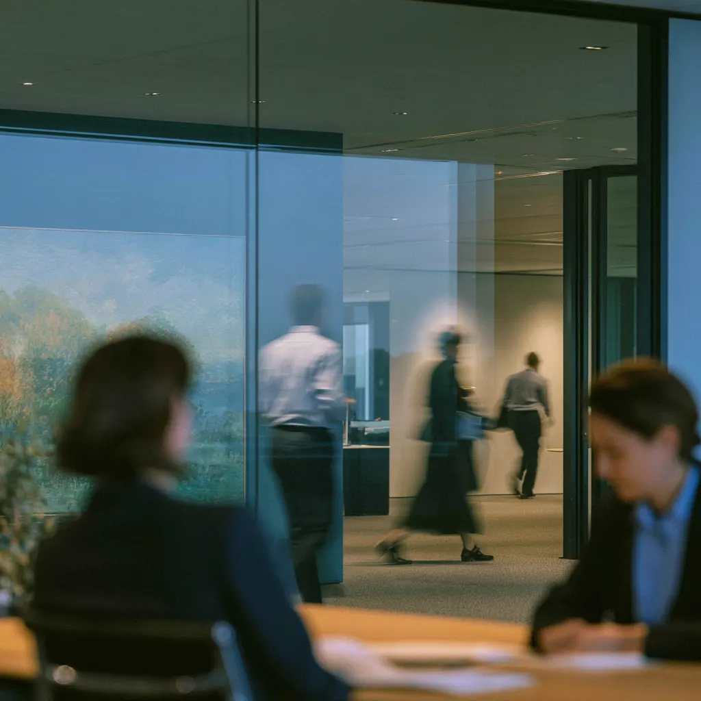 A glass-walled office, colleagues blurred in conversation, a city and water beyond the windows