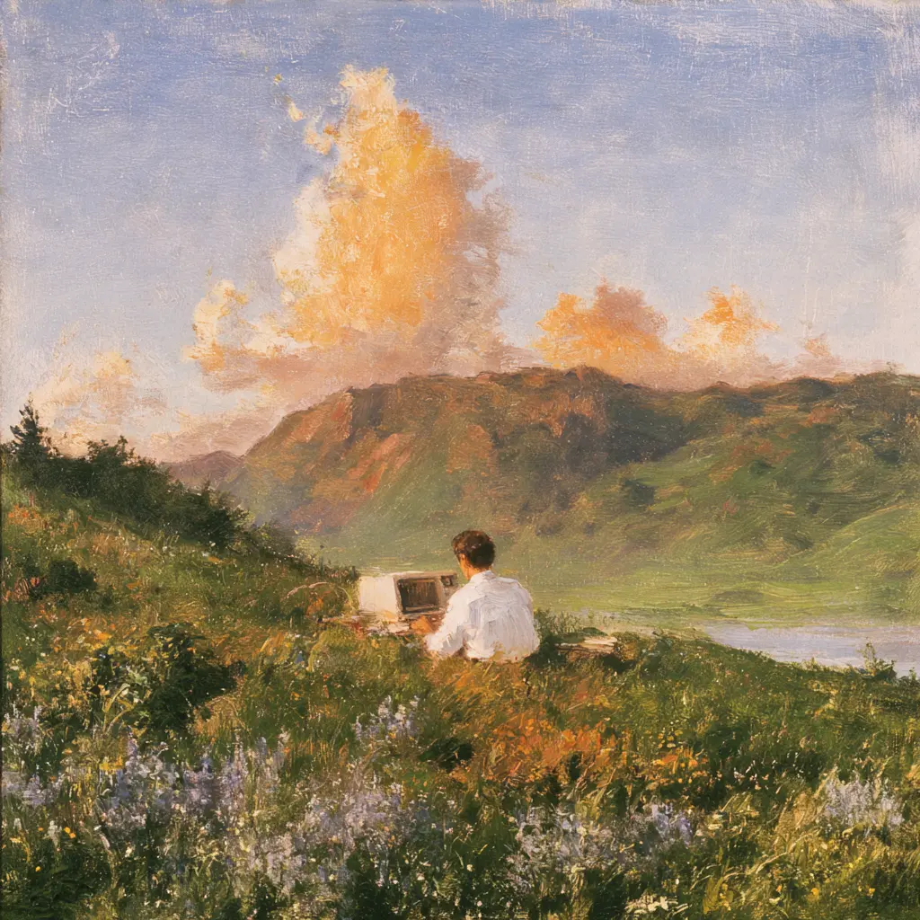 A painting of a person in a white shirt working on a laptop on a flowered hillside, orange clouds over green hills behind them