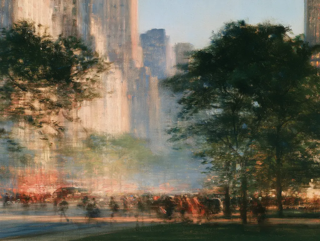 A painting of a Manhattan street at golden hour, a crowd of blurred figures moving fast past trees and sunlit towers