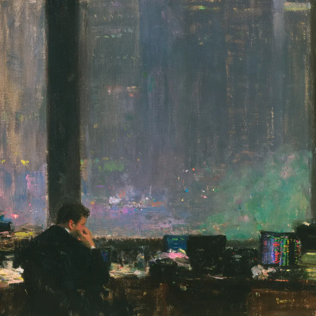 A painting of a finance worker at a desk at night, screens glowing, the lights of Manhattan through a tall dark window behind them