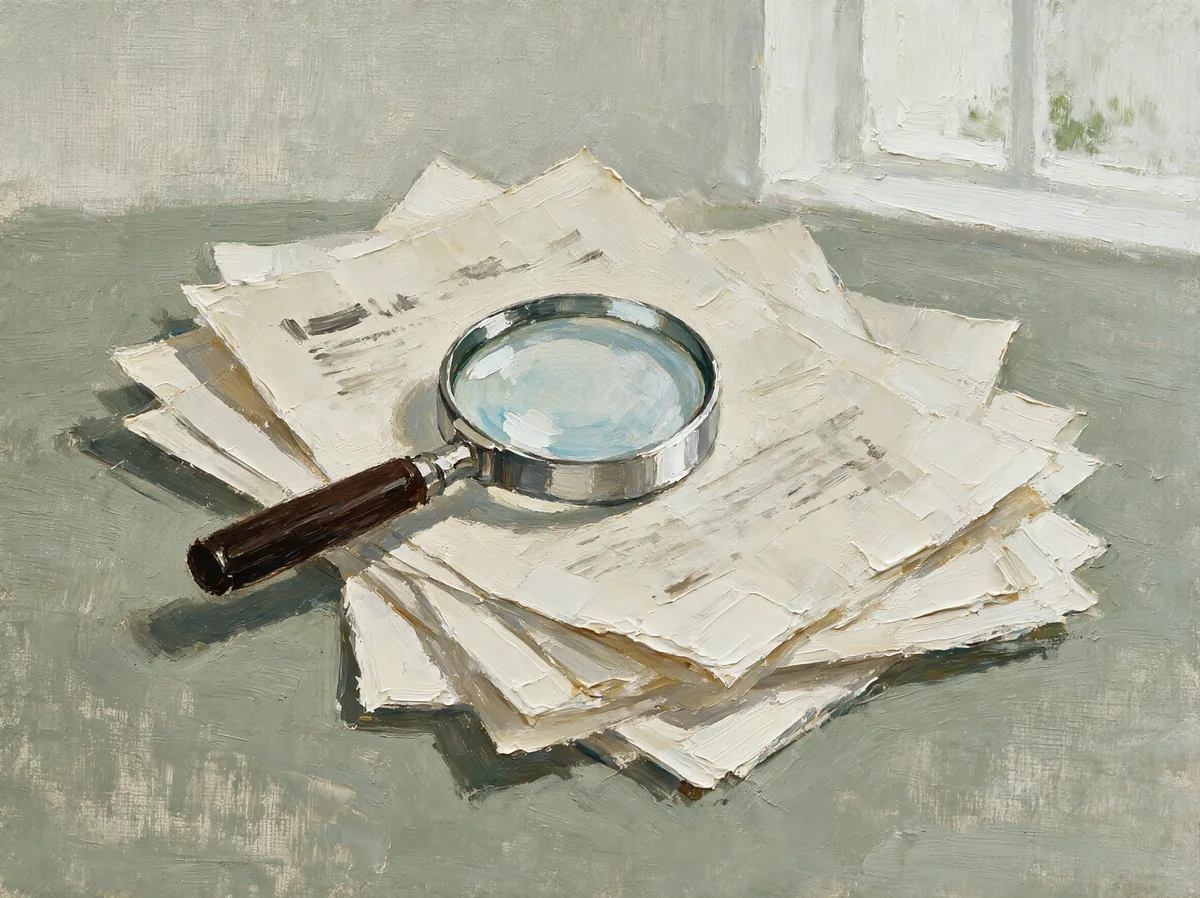 A painted stack of loose papers on a grey table by a window, a magnifying glass resting on top