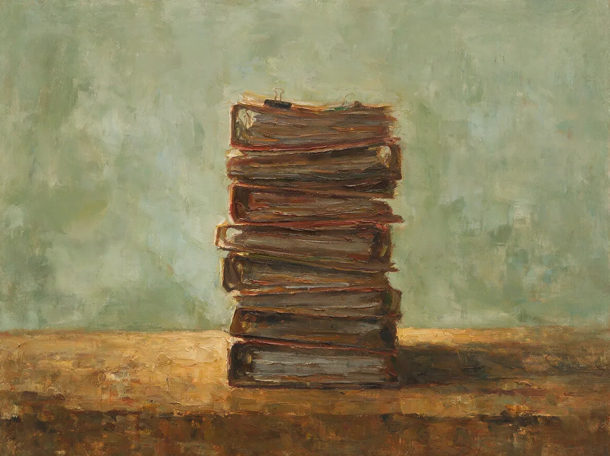 A painted stack of worn leather ledgers on a wooden table against a green wall