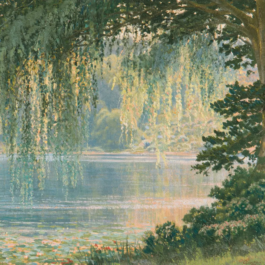 A painted willow bending over a still lake, its long branches hanging to the water and lilies along the near bank