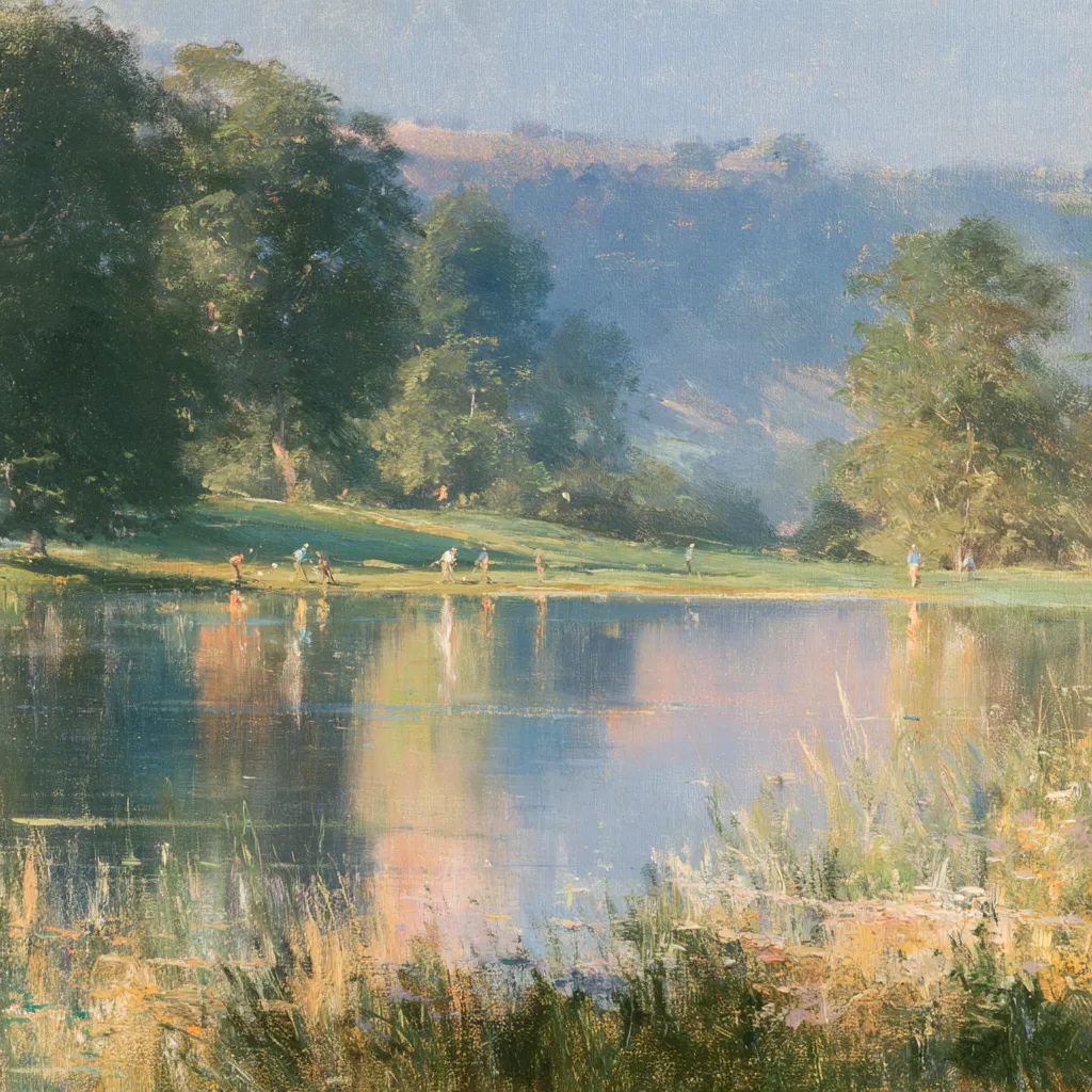 Oil painting of golfers by a pond in a wooded park
