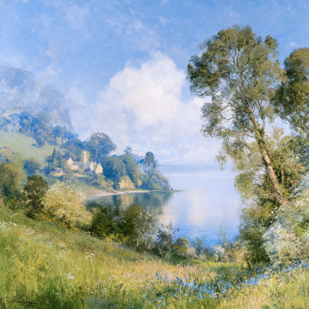 Oil painting of a village on a wooded shore