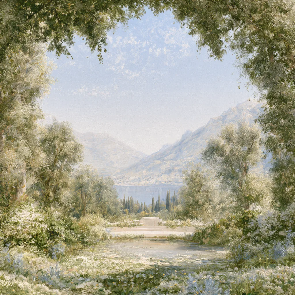 Oil painting of a lake below mountains, framed by trees