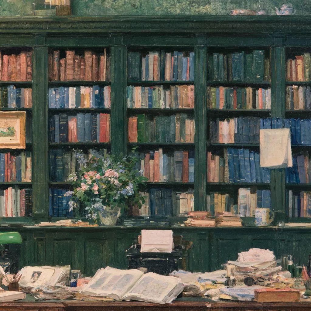 Oil painting of a library wall with flowers on the desk